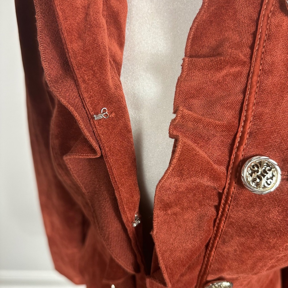 Cass Rust Military Style Jacket - SIZE S Ruffle Velvet Gold Buttons Lightweight - Picture 5 of 7